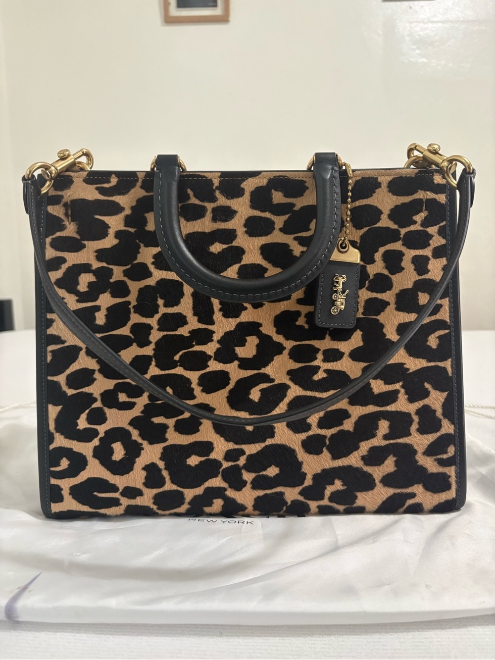 Coach Leopard-Print Satchel in Tan and Black with Gold Hardware